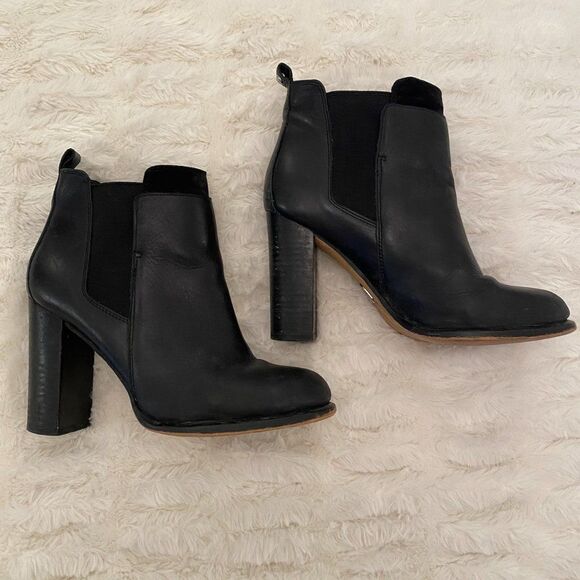 Sam Edelman Kenner Black Leather Chunky Heel Ankle Booties - Size 8 - Picture 1 of 9